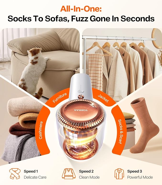 TORRAS Fabric Shaver Lint Remover, Rechargeable Electric 3-Speed Sweater Shaver Remove Fuzz, Pilling for Cashmere, Wool, Coat, Furniture, Clothes depiller with Replacement Blades, Pearl White