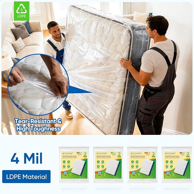 TICONN 2PK Plastic Mattress Bag for Moving Storage, Waterproof Mattress Protector Cover, Heavy-Duty Mattress Moving Supplies (4 mil, Queen)