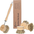 Bamboo Dish Scrubber with Handle - Hard Bristle, Natural Kitchen Brush, Sustainable & Biodegradable, Bamboo Brush for Dishes, Pans and Pots