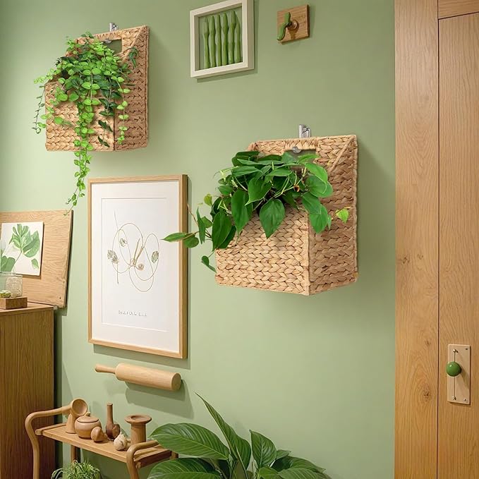 Wicker Hanging Storage Basket (10,5"Lx6,5"Wx13"H), Set of 2 Wall Baskets, Water Hyacinth Baskets, Wall Decor Hyacinth Basket Hanging for Organizing Files, Mails, Books, Accessories