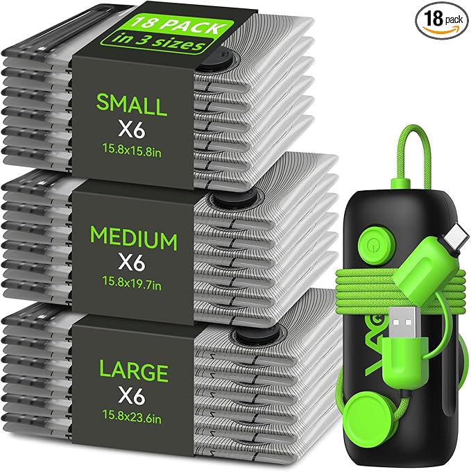 Vacuum Bags for Travel - USB Electric Pump, 18 Pack Carry-on Size Vacuum Seal Bags for Clothing - Space Saver Vacuum Storage Bags for Luggage, Travel Essentials.
