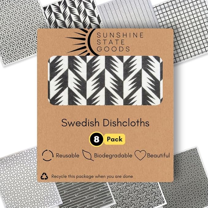 Swedish Dishcloths for Kitchen - Ecofriendly Reusable Paper Towels, Biodegradable Dish Cloths - Cellulose Sponge Dish Cloths for Washing Dishes - 8 Pack (Black & White)