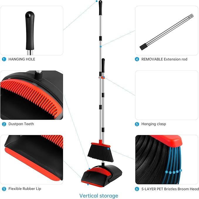 Broom with Dustpan Combo Set for Home 54-in Long Adjustable Handle Angle Broom and Dustpan Set with Dustpan Comb Teeth for Sweeping Pet Hair Food Dirt Kitchen (Black)