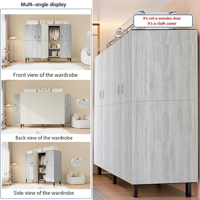 Heavy Duty Covered Clothes Rack with Magnetic Door Foldable Portable Wardrobe Closet for Hanging Clothing Rolling Black Metal Garment Rack on Wheels Closet System (Gray, 70.89in)