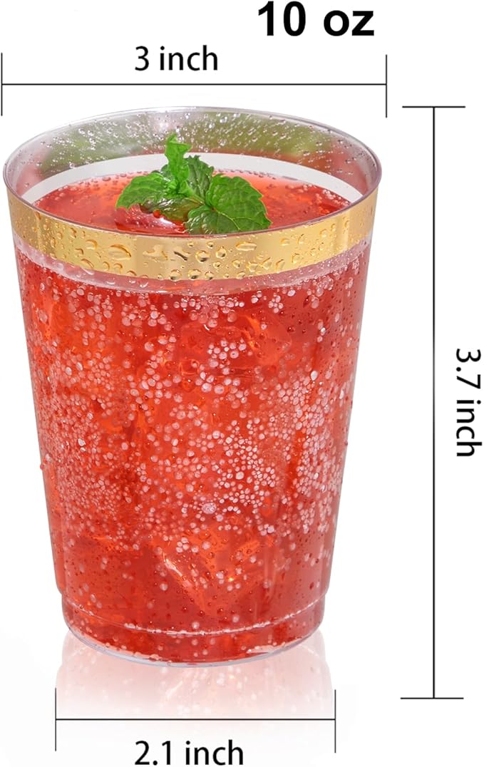 DaYammi 200 Pack Gold Plastic Cups 10 Oz Clear Plastic Cups Gold Rimmed Disposable Wine Glasses Heavy Duty Disposable Tumblers Drinking Cocktail Glasses for Party Wedding