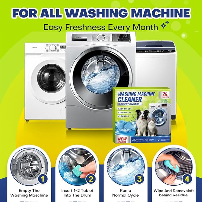Enzyme Washing Machine Cleaner Tablets for Pet Owners, Protease Washer Cleaner Pet Odor Remover, Deep Clean Washing Machine Pet Hair Remover for Laundry - Safe for HE, Front & Top Load (24 Count)