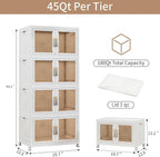 Large Clear Stackable Storage Bins with Lids, 180QT-45QT*4Tier Foldable Cabinet for Closet Organizers, Plastic Storage Box with Wheels White