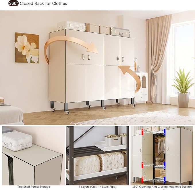 Foldable Portable Armoire Wardrobe Closet for Hanging Clothes Rack, Heavy Duty Covered Clothes Rack with Cover(HARDBOARD Magnetic), Closet Garment Rack for Bedroom Storage (KT Off-white, 49.21in)