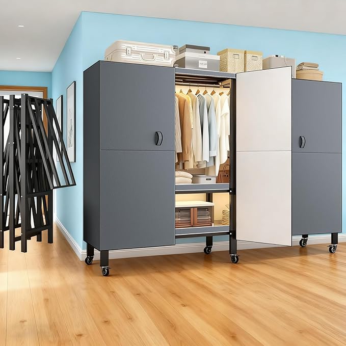 Foldable Portable Armoire Wardrobe Closet for Hanging Clothes Rack, Heavy Duty Covered Clothes Rack with Cover(HARDBOARD Magnetic), Closet Garment Rack for Bedroom Storage (KT Grey, 49.21in)