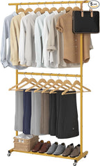Sywhitta Double Rod Clothing Garment Rack, Rolling Coat Hanger with Bottom Mesh, Clothing Rack for Hanging Clothes, Coats, Skirts, Sweaters, Gold