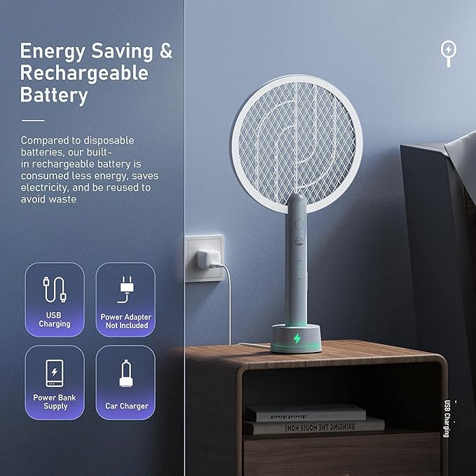Electric Fly Swatter Racket, Mosiller 4000V 2 in 1 Bug Zapper with USB Rechargeable Base, Powerful Mosquitoes Trap Lamp & Fly Killer with 3-Layer Safety Mesh for Home, Indoor, Bedroom(Grey-1 Pack)