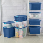 Sterilite 18 Gal Latch and Carry, Stackable Storage Bin with Latching Lid, Plastic Container to Organize Closets, Clear with Blue Lid, 18-Pack