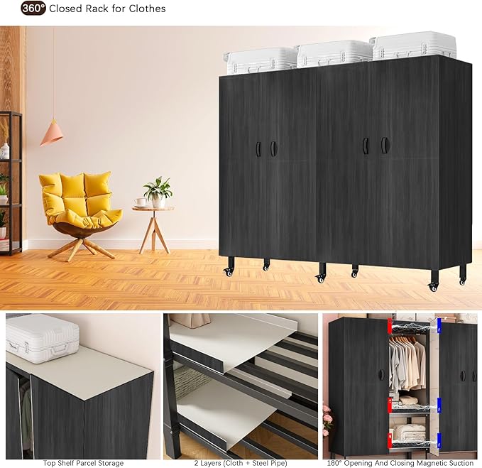 Foldable Portable Armoire Wardrobe Closet for Hanging Clothes Rack, Heavy Duty Covered Clothes Rack with Cover(HARDBOARD Magnetic), Closet Garment Rack for Bedroom Storage (KT-WoodgrainBlack, 70.86in)