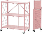 BRIAN & DANY 3-Tier Foldable Storage Shelves with Wheels, No Assembly Folding Shelf Metal Rack, Shelving Unit for Kitchen, Garage, Pink
