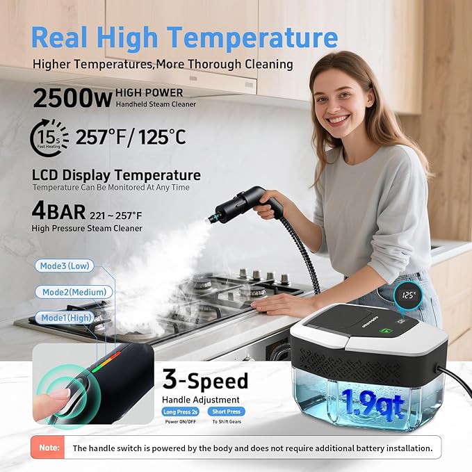 Steam Cleaner for Home(True High Temperature257℉),3-Levels Adjustable Handle Steamer for Cleaning,1.9 Quart Steam Cleaner for Car,2500W Handheld Steam Cleaner,Clean Grease,Dirt,Tile Furniture