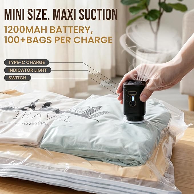TAILI Vacuum Storage Bags with Rechargeable Cordless Pump, 12 Pack (5M+5L+2XL), Compression Packing Cube for Luggage and Suitcase, Vacuum Seal Bags for Clothing, Cruise Ship and Travel Essentials