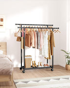 Sakugi Metal Clothes Rack - Double Rod Clothing Rack with Fixed Design and Rolling Wheels, Coat Rack with Built-In Shelf for Closet Organizers and Storage (38.5" x 16.9" x 59.0", Black)