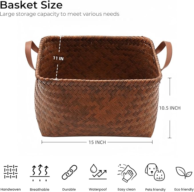 GIB Large Wicker Storage Baskets for Shelves Clothes Blankets Basket Woven Laundry Basket for Organizing, Decorative Rectangular Closet Organizers and Storage Bins with Handles, Brown, 4 Pack