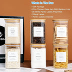 CZZGSM 6 Pack Square Kitchen Storage Jars with Airtight Bamboo Lids and 132 Pantry Labels - 35oz Glass Canisters With Wood Lids - Food Storage Containers for Coffee, Cookie, Tea, Spice