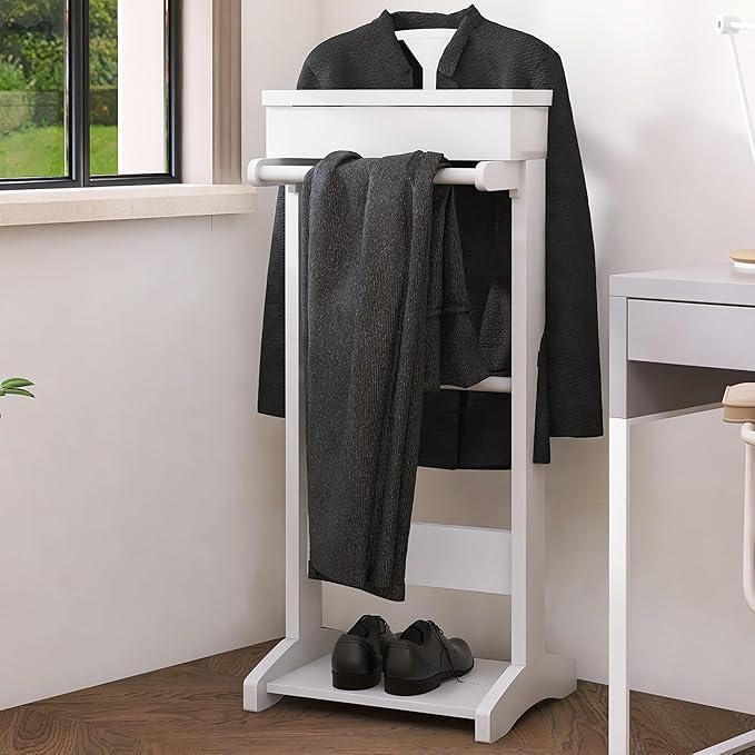 Wooden Valet Stand for Men, Clothing Rack with Top Tray Organizer, Shoe Shelf for Entryway, Bedroom, Office
