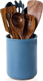 LoeJan Utensil Holder, Extra Large Utensil Crock, Stable Ceramic Utensil Organizer, Cooking Tool Organizer Set for Kitchen Counter Farmhouse Décor, Blue