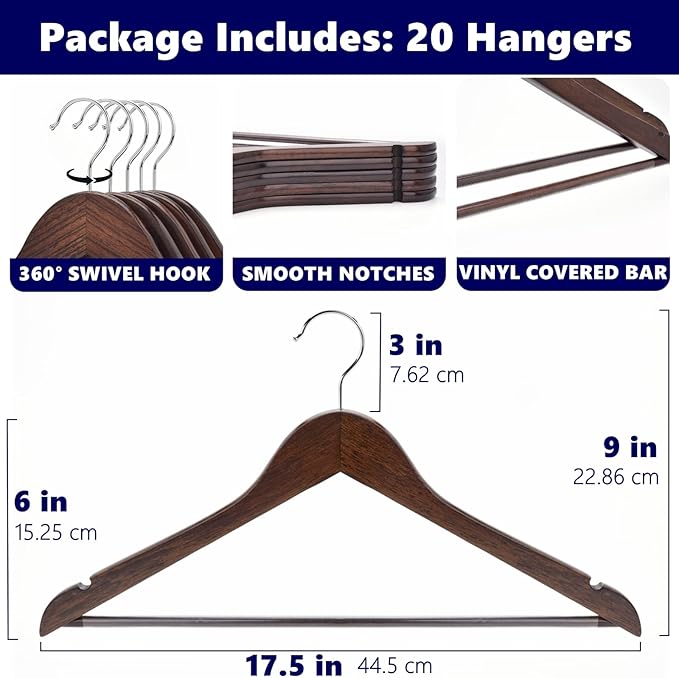 Amber Home 20 Pack Walnut Wooden Coat Hangers, Vintage Wood Suit Hangers with Non-Slip Pant Bar, Clothes Hangers for Closet Organization, Shirts, Jackets, Dresses, and Pants (Retro, 20)