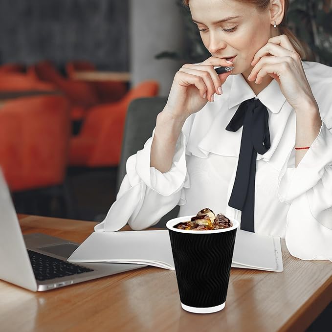 Lamosi Coffee Cups 12 oz 500 Pack, Black Disposable Cups, Corrugated Paper Cups 12 oz, Ripple Wall Insulated Water Cups for Hot Beverage