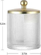 Clear Transparent Apothecary Ribbed Geometric Etched Glass Jar W/Gold Lid Cover for Bathroom Organization, Cotton Balls, Q Tips, and Small Accessories, Bathroom Storage