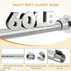 1.3 Inch Diameter Closet Rods for Hanging Clothes 17-64 Inch Adjustable, Metal Heavy Duty Closet Pole, Silver Closet Bar for Hanging Clothes, Suitable for Closet, Wardrobes, Bathroom, Windows