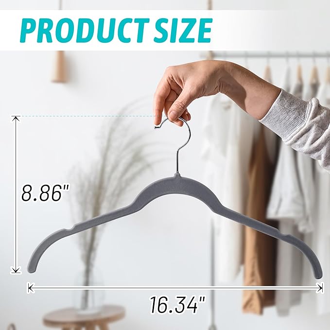 Sishynio Premium Velvet Shirt Hangers 30 Pack, Space-Saving Non-Slip Felt Hanger with 360° Swivel Hook, Slim Flocked Hangers for Strappy Dresses, Blouses, Tank Tops(Grey)