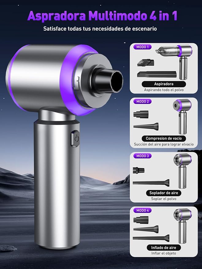 Vacuum/Air Duster 80,000RPM Super Power Mini Car Vacuum Cleaner 4-in-1 air Blower Gun Air Duster & Air Blower & Pump Hand Electric air Duster Handheld dust Blower Blower Cordless (Purple)