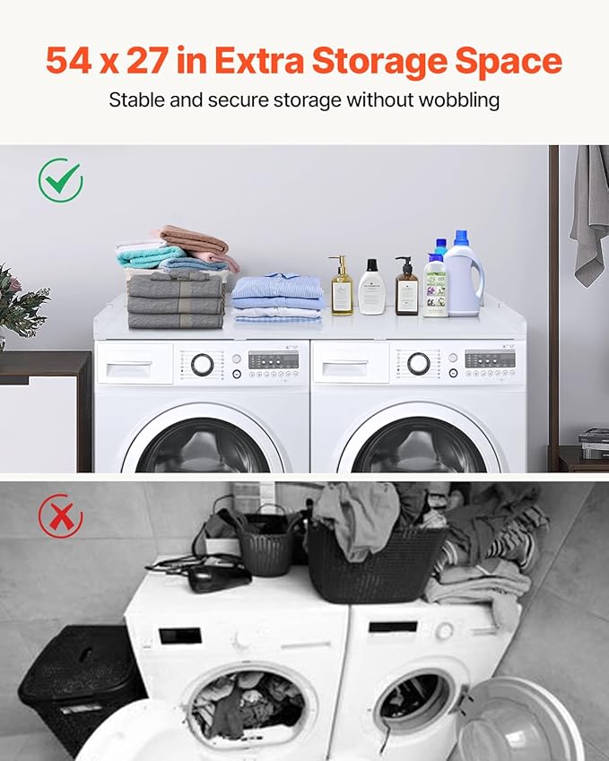VEVOR Washer Dryer Countertop, 54" x 27" Wooden Washer and Dryer Countertop, Water-Resistant Laundry Machine Topper Cover with Anti-Slip Pads, for Laundry Room Organization and Storage, White