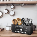 MINCORD Rustic Wooden Utensil Holder for Countertop - 4 Compartment Farmhouse Heavy-Duty Flatware Caddy & Silverware Organizer - Large Kitchen Decor for Spoons, Forks, Parties, Coffee Bar & RV