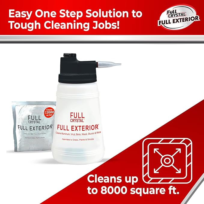 Full Exterior Kit - Bottle, Lid with Hose Attachment and One 4 oz. Crystal Powder Outdoor Cleaner - Non-Toxic, No Scrub, No Rinse Cleaning Kit - Shipped Product Packaging May Vary