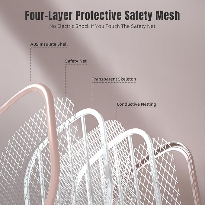 Electric Fly Swatter Racket 3000V Bug Zappers, Mosquito Zappers USB Rechargeable, 1200mAh Mosquitoes Killer Lamp & Fly Zappers with 3 Layer Safety Mesh for Home, Bedroom, Kitchen, Patio (1Pack-Pink)