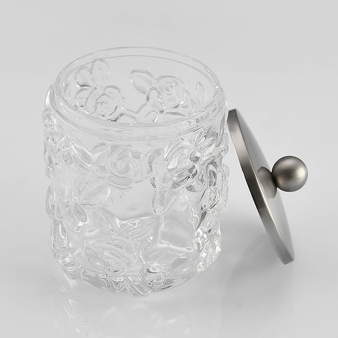 Clear Transparent Apothecary Floral Embossed Glass Jar With Satin Nickel Metal Lid Cover for Bathroom Organization, Cotton Balls, Q Tips, and Small Accessories, Bathroom Storage