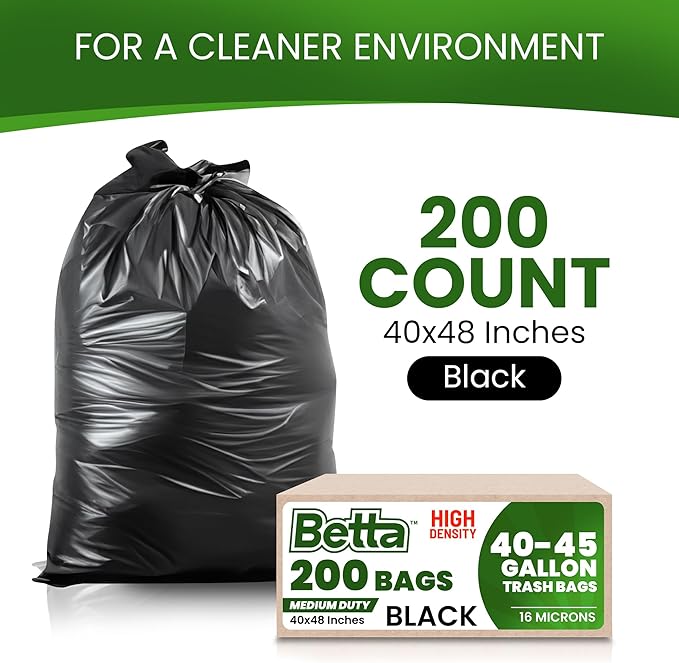 Betta 40-45 Gallon Black High-Density Trash Bags, 200 Count Box, (40x48-inch) Commercial Medium-Duty Garbage Can Liners