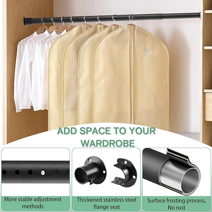 Closet Rods for Hanging Clothes, 1.3 Inch Diameter Heavy Duty Closet Rod 17-75 Inch Adjustable Clothes Hanging Bar Metal Black Shower Curtain Rods for Closet, Wardrobes, Bathroom, Windows