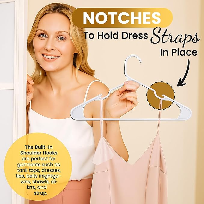 Our Modern Space 30 Pack Adult Plastic Hanger for Shirt Pants Coats Dresses Skirts Suits Jackets - Standard Thick Coat Hanger - Sturdy & Durable Design with Shoulder Grooves Hook - White