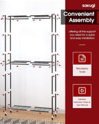 Sakugi Clothes Rack - 33.0" x 12.2" x 79.5" Clothing Rack with Shelves & Wheels, Multi-Functional Wardrobe Closet with Hooks, Sturdy Metal Garment Rack for Bedroom, Laundry, Balcony (Gold)