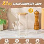 SENTVEND 51 Oz Glass Storage Jars with Bamboo Lids - 3 Pack Clear Glass Canisters Square Airtight Stackable Ideal for Pantry Storage Containers Great for Storing Oats Coffee Beans Pasta Flour Rice etc
