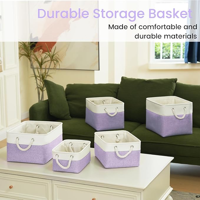 Storage Baskets for Shelves 13.8x9.8x6.7 Inch-Foldable Fabric Organizing Storage Bins with Handles, Closet & Bathroom Organizer, Home Storage for Kitchen, Office (3-Pack, White&Purple)