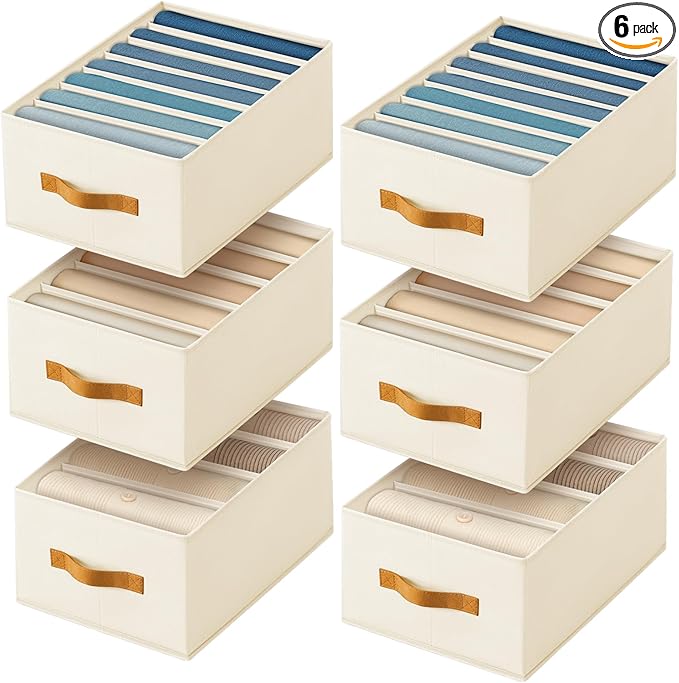 Homsorout Clothes Organizers and Storage - 4/5/7 Grids Fabric Jeans Organizer with Handles, Foldable Closet Organizers Dividers, Wardrobe organizer for Pant, Sweater, T-shirt, Scarf, 6 Pack, Beige