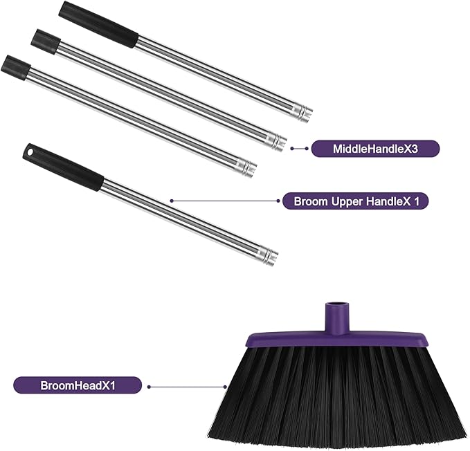 Heavy Duty Angle Broom, 55-Inch Long Handle Extra Wide 12.6 Inch Head, Stainless Steel Tube & PP Bristles for Pet Hair and Dust, Floor Safe - Purple