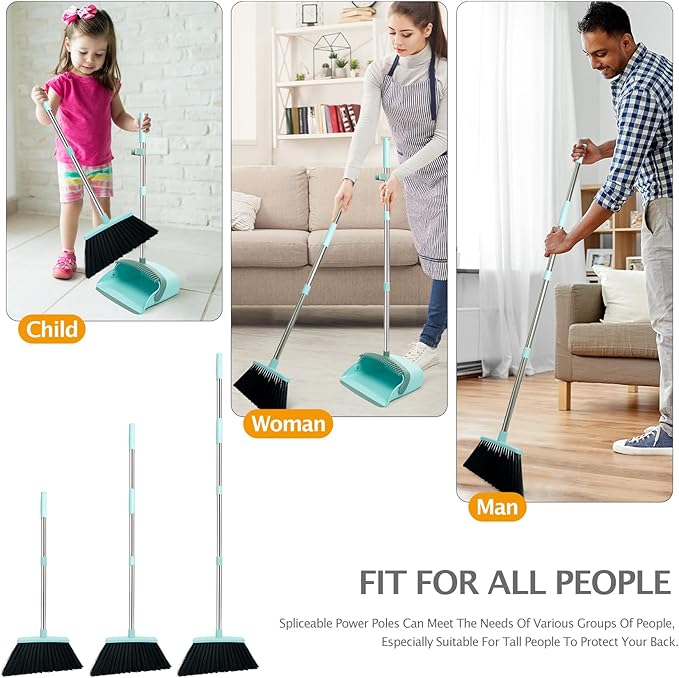 Broom and Dustpan Set, Dustpans with Broom Combo for Home, Heavy Dust Broom and Dustpan Combo, Long Handle Dust Pan and Broom Set for Kitchen, Office, Pet Hair,Green, Pack of 1