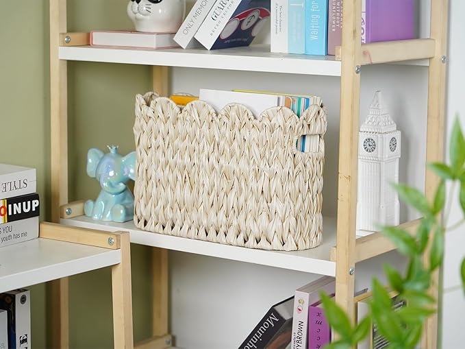 Toilet Paper Storage Basket,Boho Decorative Scalloped Baskets,Coastal Bathroom Decor,Hand-Woven Plastic Wicker Bathroom Accessories Organizer