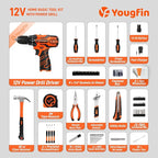 YOUGFIN Tool Kit with Drill 12V, Home Tool Set with Cordless Drill for Men, Power Drill Tool Box with 195 Pieces Household Hand Tools for Office (with 2.0Ah Battery & Charger)