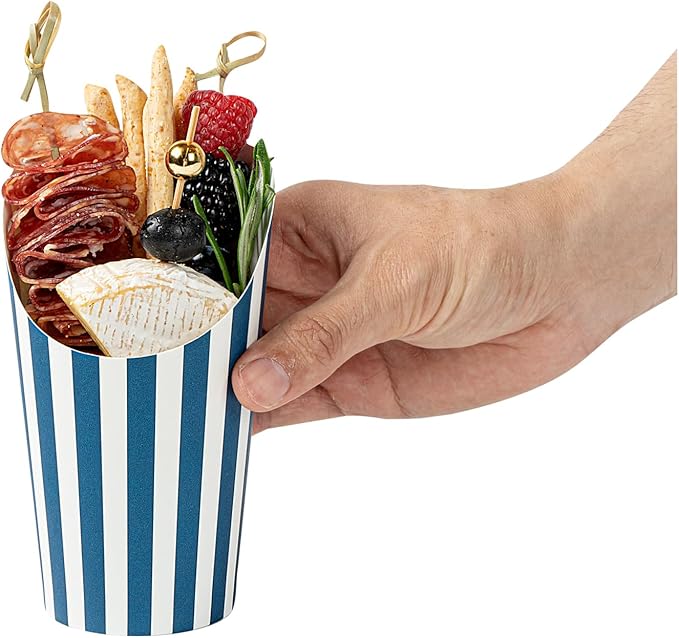 Restaurantware Bio Tek 16 Ounce French Fry Containers 100 Disposable Charcuterie Cups - Incline Design Round Striped Paper French Fry Cups Stackable For Waffles Chips or Popcorn