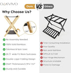 oakvivo Fully Assembled Luggage Rack, 26.77" Natural Luggage Rack for Guest Room, Bamboo Folding Suitcase Stand with Fabric Storage Shelf, Heavy Duty 5 Nylon Straps Luggage Holder for Hotel, 1 Pack