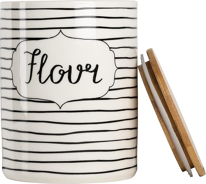 10 Strawberry Street Labeled Ceramic Kitchen Canister Set, Set of 3, Coffee Sugar Flour, White/Black, Bamboo Lids